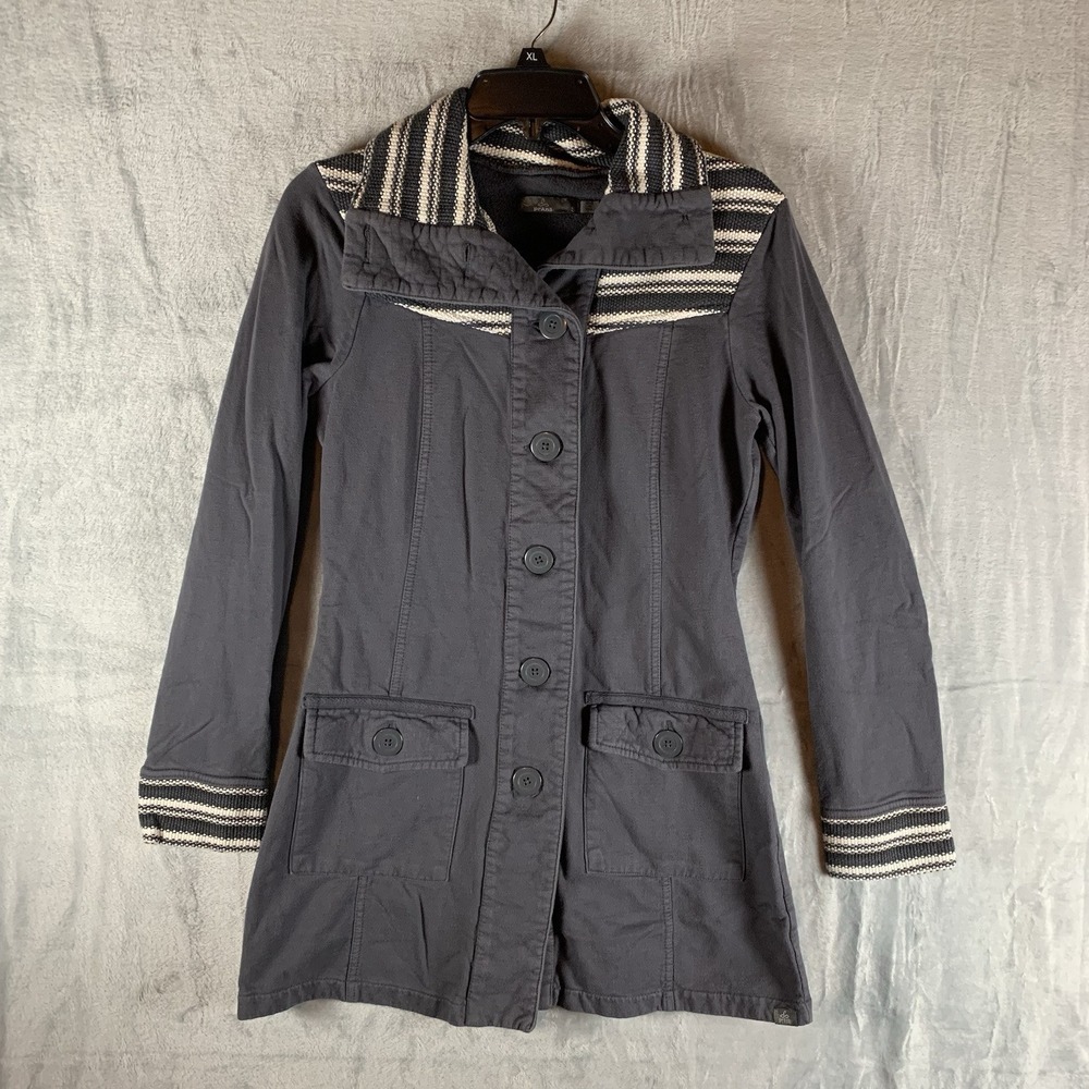 Prana Women's Rowen Jacket Button Up Stripe Knit Gray Cotton Coat Gorpcore S